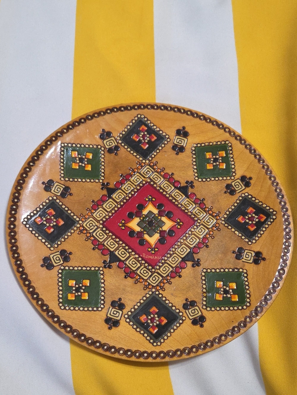 Vintage Romania Hand Painted Wooden Folk Art Plate Geometric Wall Decor
